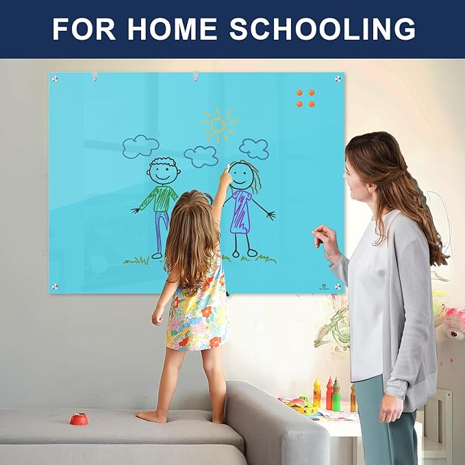 TSJ OFFICE Glass Dry-Erase Board - 48 x 32 Inches Wall Mounted Glass Whiteboard, Large Frameless Magnetic White Board for Office, Home & School, Blue