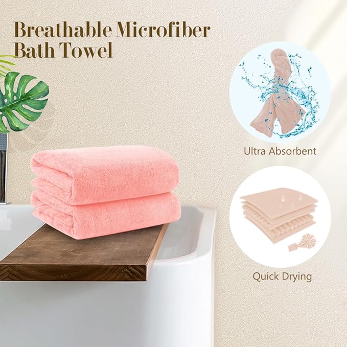 Orighty Microfiber Bath Towels Pack of 2(27'' x 54'') - Soft Feel, Highly Absorbent, Quick Drying for Body, Sport, Yoga, SPA, Fitness - Pink