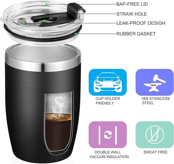 VEGOND Stainless Steel 12 oz Tumblers bulk Vacuum Insulated Double Wall Travel Tumbler with Lid and Straw Reusable Tumbler,Black 12 pack