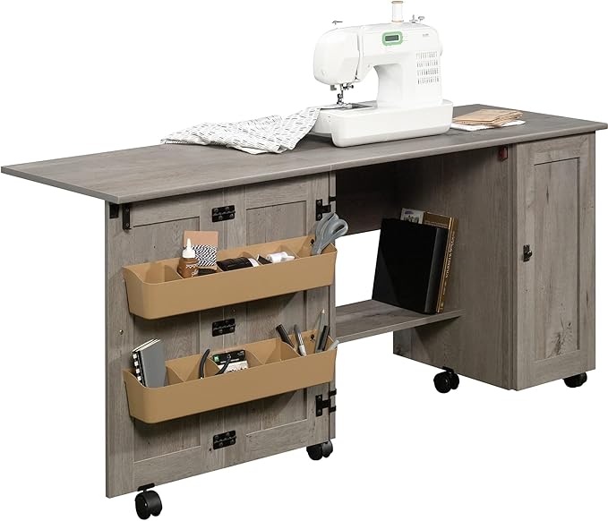 Sauder Craft Cart Storage Cabinet, Rolling Sewing Table with Expandable Top, Mystic Oak