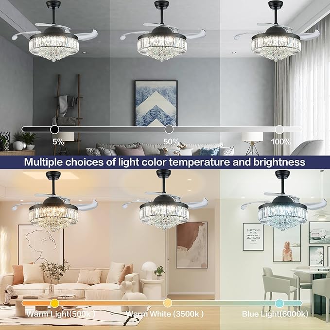 DuMaiWay 48" Dimmable Crystal Ceiling Fan Chandelier with Remote 6 Speeds, 4 Blades Retractable Fans for Bedroom Living Room Dining Room-Black