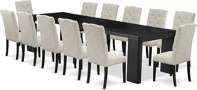 X12EL-006-35 - 13-piece Modern Dining Room Table Set a Rectangular Kitchen Table and 12 Doeskin Linen Fabric Dining Chair, 39x120 Inch, Wire Brushed Black
