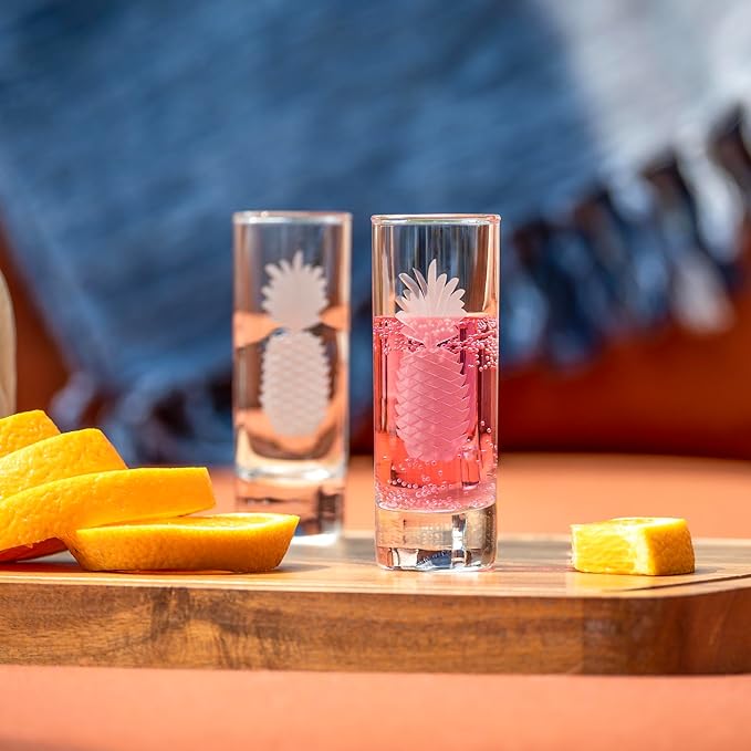 Rolf Glass Fresh Pineapple Shot Glass | 2.5oz Engraved Glass Cordial | Spirits or Tequila Sipper | Tropical Sand-Etched Pineapple Design | Lead-Free | Made in the USA | Set of 4