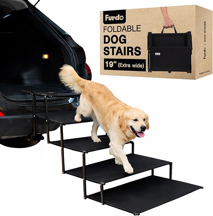 Dog Stairs for Large Dogs, for Medium Dogs, Foldable Dog Ramp for Car & SUV, Steps for Bed, Extra Wide Non-Slip Pet Steps for Car Side Door, Truck & High Beds, Portable & Adjustable - 19" Wide