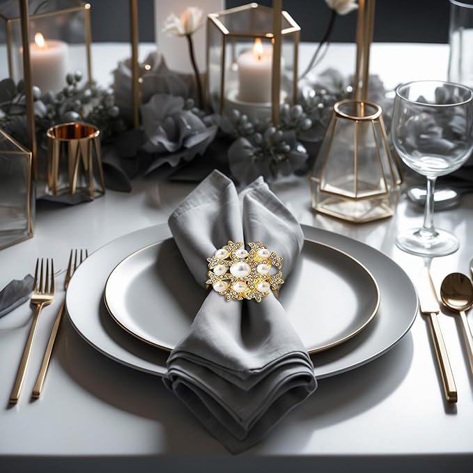 Decozen Set of 12 Gold Napkin Rings with Pearl Design, Festive, Table Decor Setting for Holiday, Wedding, Birthday, Kitchen, Home Decor, Housewarming Gift - Thanksgiving & Christmas Gift Decoration