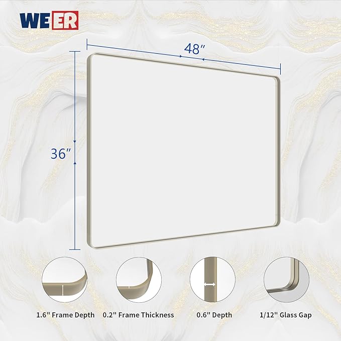 WEER 48X36 Inch Brushed Nickel Bathroom Mirror, Brushed Silver Metal Frame Mirror, Rounded Rectangle Silver Bathroom Vanity Mirror, Tempered Glass, Anti-Rust, Hangs Horizontally or Vertically