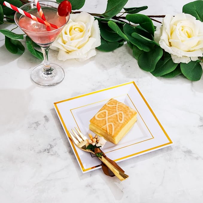 WDF 200PCS Gold Plastic Dessert Plates with Plastic Forks -6” 100 Square Disposable Appetizer Plates Small Plate Cake Plate &100 Gold Small Appetizer Forks for Daily Using Thanksgiving