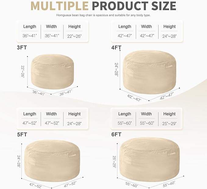 Homguava 5FT Bean Bag Chair Giant BeanBag with Memory Foam Filled, Comfy Bean Bag Chairs for Adults, Adult Bean Bag Chair with Dutch Velvet Cover for Living Room Bedroom-Dark Beige