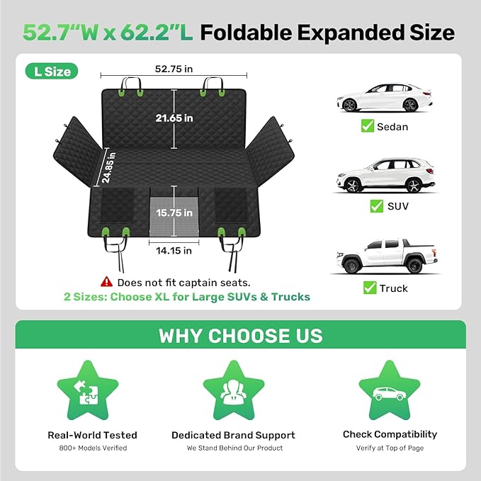 Zanch Heavy-Duty Dog Car Seat Cover, Flat Solid Back Seat Extender for Multi Large Dogs, Hard-Base Supports 450 lb, Waterproof Scratchproof Hammock Protector, Standard for Cars, SUV, Trucks, Green