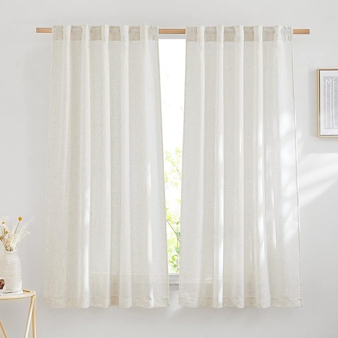 NICETOWN Bedroom Curtains Natural Linen Burlap, Rustic Rod Pocket & Back Tab Semi Sheer Flax Linen Weve Drapes Privacy with Light Filtering Window Treatmentes for Nursery, W42 x L63, Set of 2