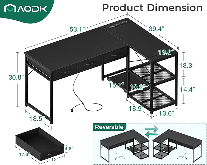 AODK 53 Inch L Shaped Computer Desk with Drawers, Corner Desk with Power Outlets & Reversible Storage Shelves, Movable CPU Stand for Home Office Gaming, Black