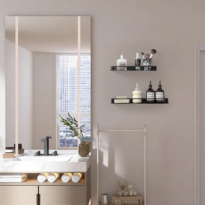Metal Wall Shelf, Metal Floating Shelf, Black Floating Shelf, Small Shelf for Wall, Display Shelves for Bathroom Bedroom Kitchen (Black, 16Inch)