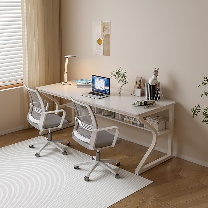 Extra Long Desk with Bookshelf - 63" Double Long Writing Table for 2-Person Workstation, Modern Study Work Computer Desk for Home and Office, Warm White