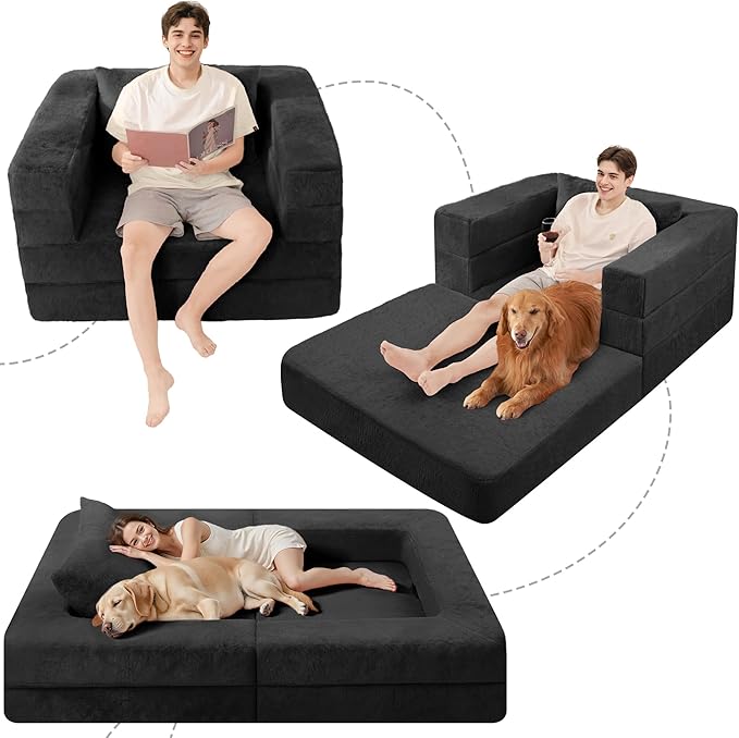 Futon Sofa Bed with Pillow, 3-in-1 Sleeper Sofa Bed with Removable Cover, Convertible Floor Sofa Bed, No Assembly Boneless Couch for Living Room, Bedroom
