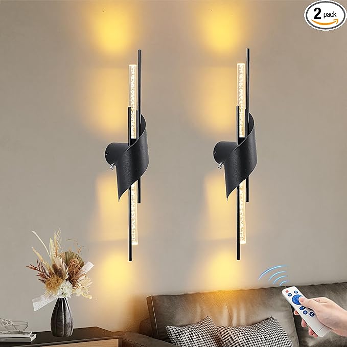 camuucci Battery Operated Black Wall Sconces Set of Two,Modern Wireless Wall Lights,LED Rechargeable 12000mAh Not Hardwired Remote Control Dimmable Wall Lamp Fixtures for Bedroom (Black, 25 Inches)