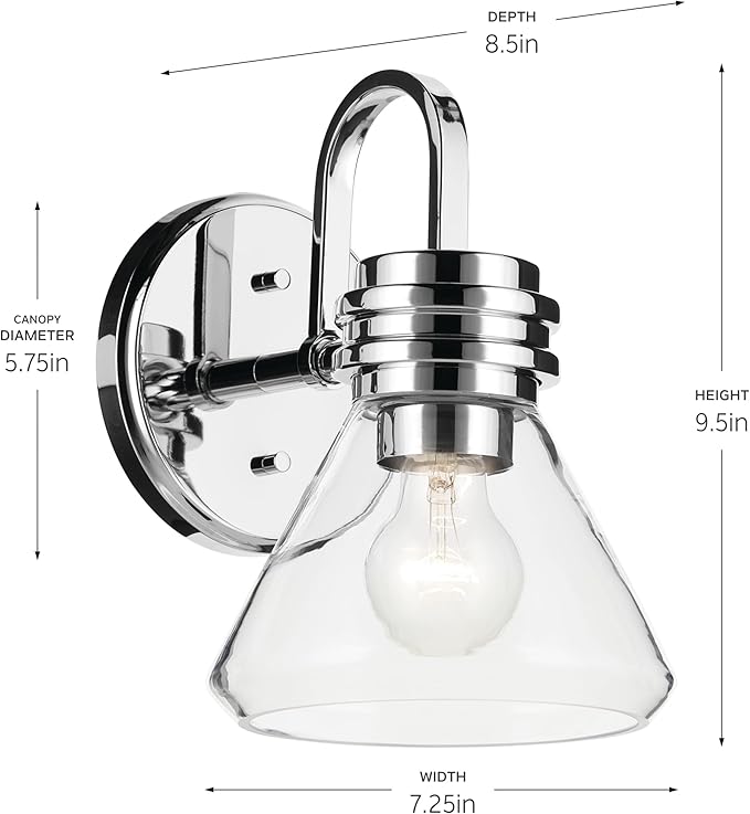 Kichler Farum 7.25" 1-Light Wall Sconce with Clear Glass in Chrome, for Fireplace, Kitchen, Bedroom, Hallway, or Vanity, (7.25" W x 9.5" H) 55153CHCLR