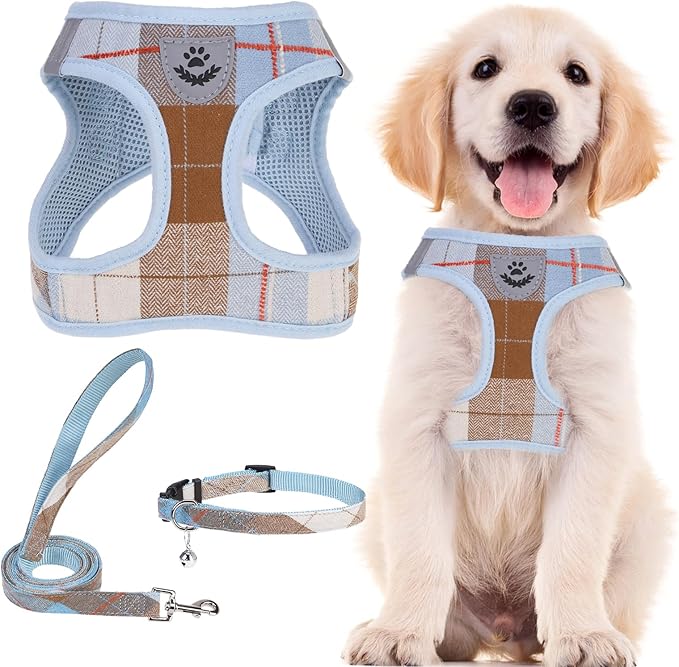 PUPTECK Adjustable Dog Harness Collar and Leash Set Step in No Pull Pet Harness for Small Medium Dogs Puppy and Cats Outdoor Walking Running, Soft Mesh Padded Reflective Vest Harnesses, BlueBrown L