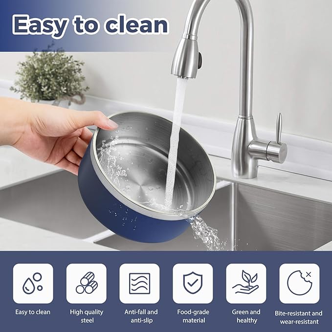 Stainless Steel Dog Bowl, Metal Water and Food Dish for Large Dogs, Insulated Non-Slip Pet Bowl, Easy Clean, 64oz, Blue