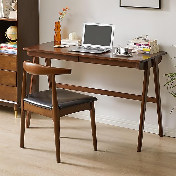 Computer Desk with Drawers, Solid Wood Writing Desk, Mid Century Modern Home Office Desks, Oak Study Table, Small Desk for Bedroom, 29.1 H x 39.4 W x 21.7 D Inches, Walnut