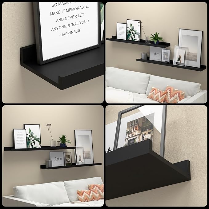 35.4 Inches Long Floating Shelves Wall Mounted, 2 Set Modern Black Wall Shelf for Bedroom, Nursery Book Shelf with Lip, Picture Ledge Shelf for Decor Living Room Bathroom Kitchen- Black