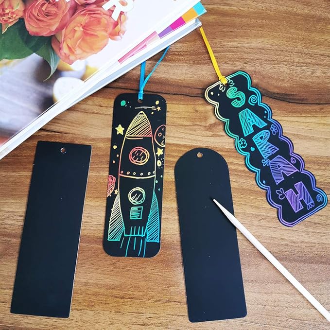 Supla 36 Sets 4 Style Magic Scratch Rainbow Bookmarks Making Kit for Kids Students Party Favor Scratch Paper DIY Bookmarks Bulk with Scratching Tools Satin Ribbons for Classroom Activities