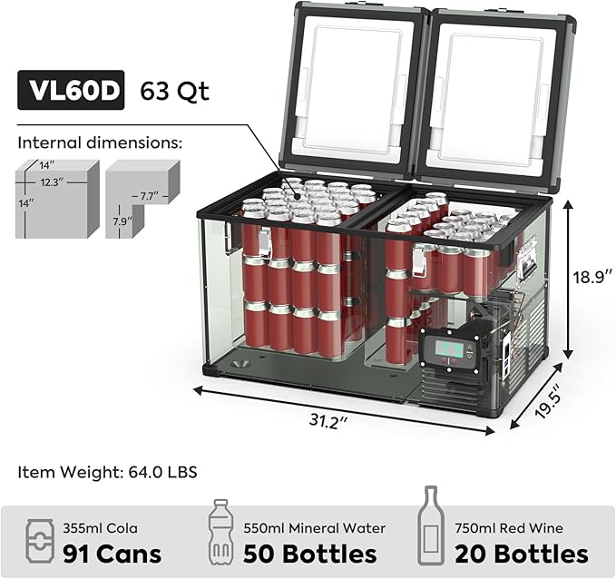 ICECO VL60 Dual Zone Portable Refrigerator with SECOP Compressor, 60 Liters Platinum Compact Refrigerator, DC 12/24V, AC 110-240V, 0℉ to 50℉, Home & Car Use (with Insulated Cover)