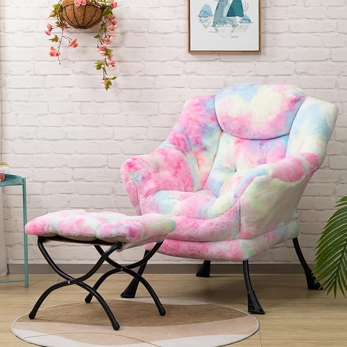 HollyHOME Faux-Fur Lazy Chair with Foldable Ottoman, Accent Comfy Lounge Arm Chair and Folding Footrest Stool Set, Leisure Sofa Reading Chair and Footstool for Living Room, Bedroom, Dorm, Colorful