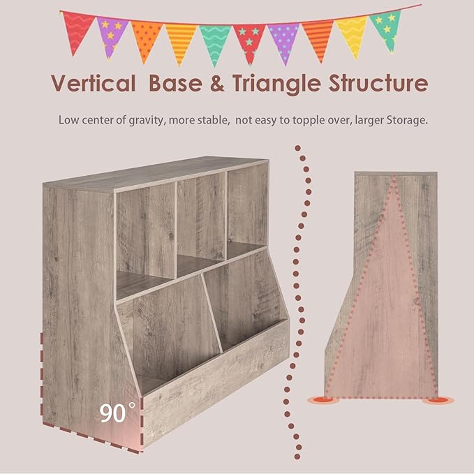 DINZI LVJ Toy Storage Organizer, Kids Bookshelf, Wood Toy Storage Cabinet, 5 Cubby Children Bookcase, 43.3" L Toddler Book Shelf for Playroom, Living Room, Nursery, Hallway, School, Greige