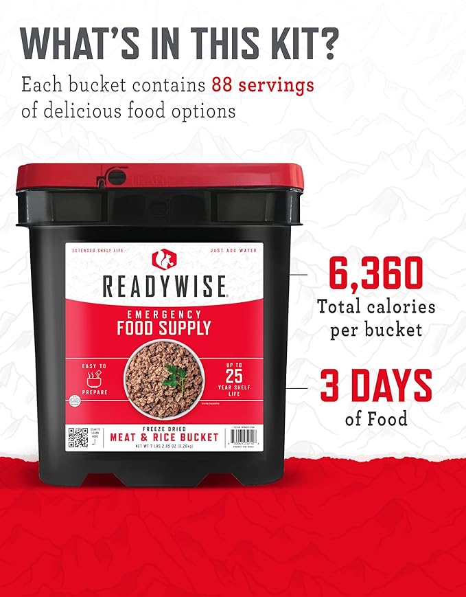 ReadyWise Emergency Food Supply - 88 Servings Meat & Rice Bucket, Freeze Dried Protein Meals, Camping Essentials, Bulk Rice & Survival Food, Disaster Prepping Supplies, up to 25 Year Shelf Life