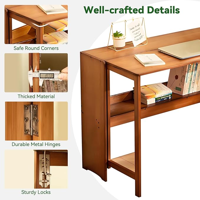 Bamboo Folding Desk Mid Century Modern Desk for Home Office Bedroom Small Spaces, Brown，40.55" Long Desktop