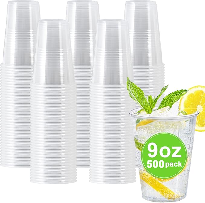 500 Pack 9 oz Plastic Cups, Disposable Drinking Cups, Water Cups Plastic Clear Cups for Party, Wedding, Graduation, Travel, Holiday, Events, Birthday,Cold,Hot