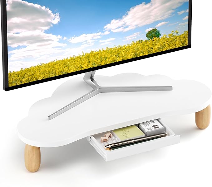 Cloud-Shaped Sturdy Wood Computer Monitor Stand Riser With Drawer, Multi-Purpose Desktop Organizer