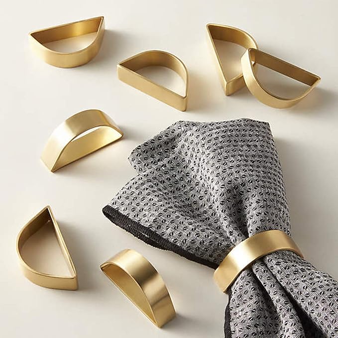 Stainless Steel Golden Napkin Rings Set of 12, Modernist Napkin Ring Holder for Wedding, Banquet, Metallic Adornment for Table Settings, Glossy Serviette Buckles Decor (Matte Gold Semicircle)