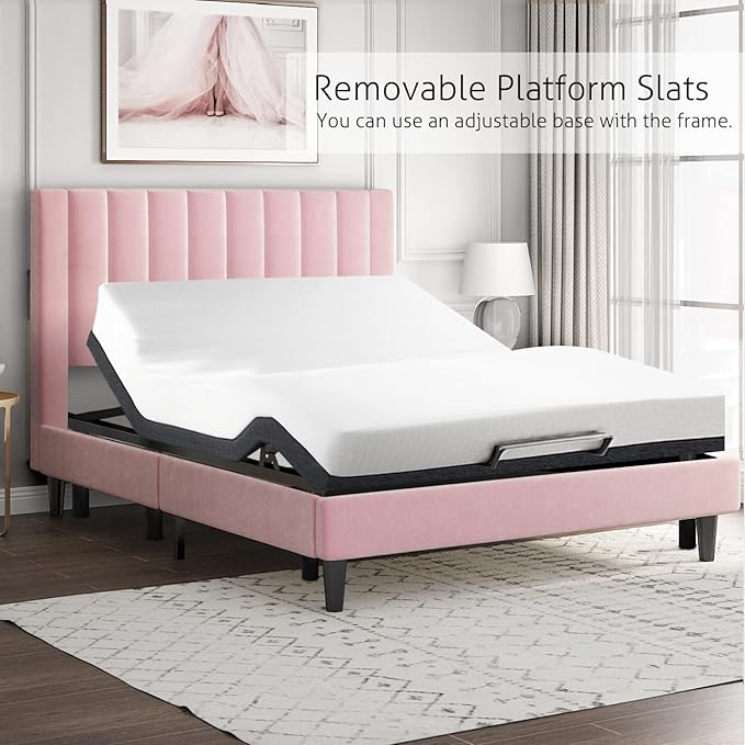 SHA CERLIN Full Bed Frame/Velvet Upholstered Platform Bed Frame with Headboard/Strong Wood Slats Support/Mattress Foundation/No Box Spring Needed - Pink