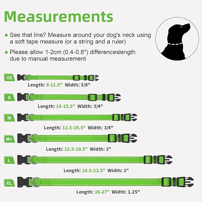 Reflective Dog Collar for Extra Large Dogs, Adjustable Collar with Soft Neoprene Padded, Durable Buckle for Daily Walking,Green,XL