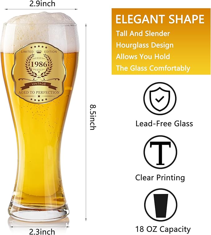40th Birthday Beer Glasses Gifts, Personalized '1986' Vintage Glass Ware Set for Men, Black Gift Package with Drinking Glass, Coaster, and Card for 40 Years Old Man
