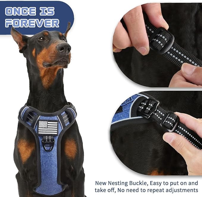 BUMBIN Tactical Dog Harness for Large Dogs No Pull, Famous TIK Tok No Pull Puppy Harness, Fit Smart Reflective Pet Walking Harness for Training, Adjustable Dog Vest Harness with Handle Denim Blue L