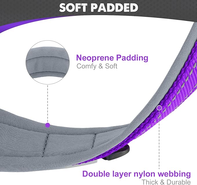 Joytale Dog Collar for Small Dogs, Neoprene Padded and Adjustable, Reflective Wide Heavy Duty Pet Collars with Durable Metal Belt Buckle for Walking, Purple, S