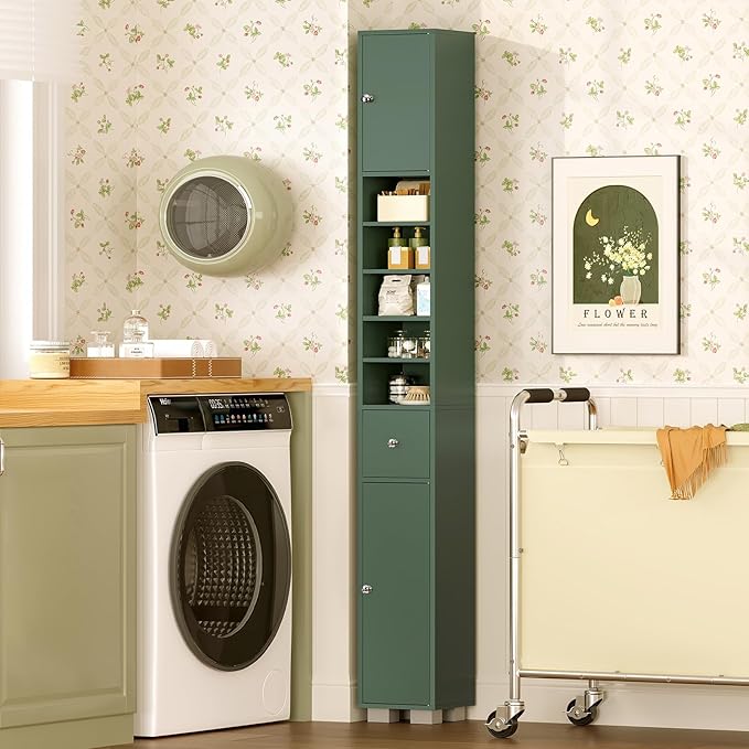 TEENFON Bathroom Cabinet, Narrow Bathroom Storage Cabinet with 5 Adjustable Shelves & Drawer, Freestanding Cupboard for Small Spaces, Green