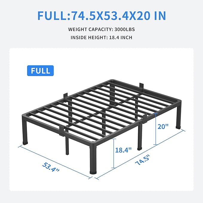 MAF 20 Inch Full Size Bed Frame with Round Corner Legs Mattress Slide Stopper No Box Spring Needed Heavy Duty Metal Platform Bed Frames Under-Bed Storage Space, 3000 LBS Steel Slats Support