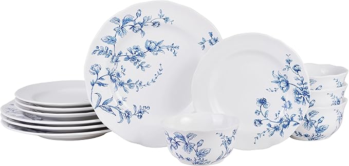222 Fifth 12-Piece Porcelain Dinnerware Set for 4, White & Blue Plates and Bowls Set, Glossy Ceramic Dish Set with Beautiful Floral Design, Elegant Kitchen Dishes, Microwave & Dishwasher Safe, Bellamy