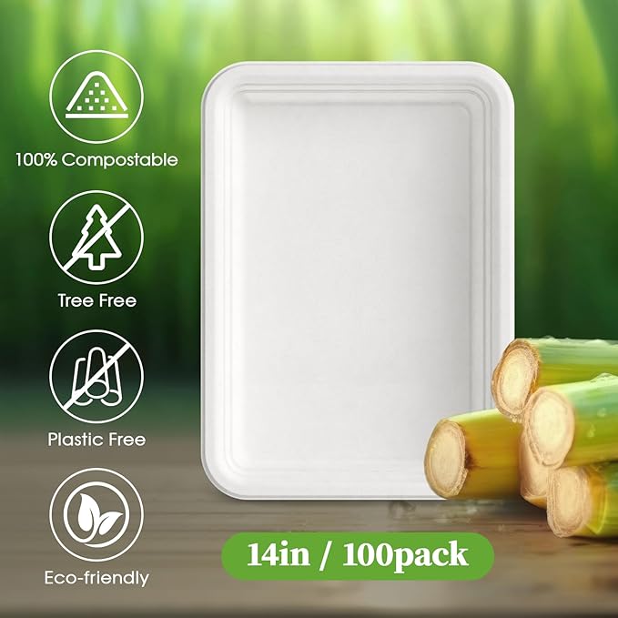 ECOLipak 100 Pack 14 Inch Disposable Food Crawfish Trays, Compostable Large Paper Plates, Disposable Thanksgiving Trays for Serving Food, Turkey, BBQ, Seafood Boil Party Supplies(White)