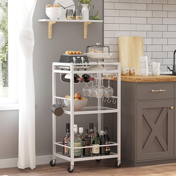 TUTOTAK Bar Cart, Home Bar Serving Cart, Drink Cart with 3-Tier Mirrored Shelf, Mobile Kitchen Shelf with Wine Rack, BC01BW033