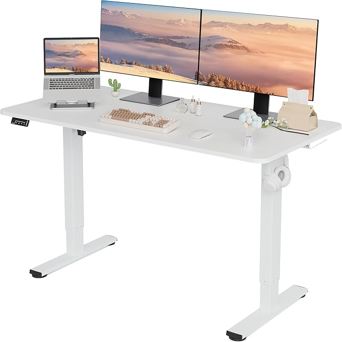 Electric Standing Desk Adjustable Height, 55x24 Inches Sit Stand up Desktop for Home Office, Ergonomic Rising Computer Table with Memory Preset, White