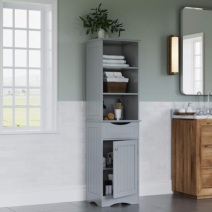 RiverRidge, Gray Ashland Bathroom Freestanding Storage Cabinet with Three Open Shelves and Drawer, Size