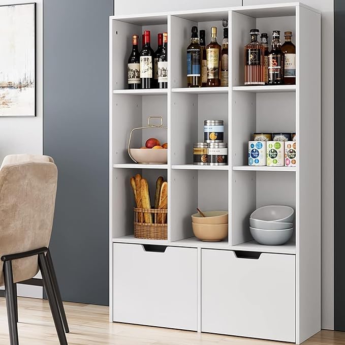 GarveeHome 55 Inches Tall Bookcase with 2 Drawers, Open Storage Bookshelf with 4 Tier Adjustable Shelves, Large Open Book Cabinet Standing for Home Office, White