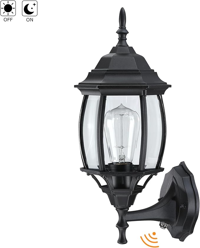 16.8 Inch Outdoor Porch Light Dusk to Dawn, Black Outside Lights for House Outdoor Exterior Wall Sconce with Dusk to Dawn Sensor, Black Wall Lantern for Porch Garage,Front Door,E26