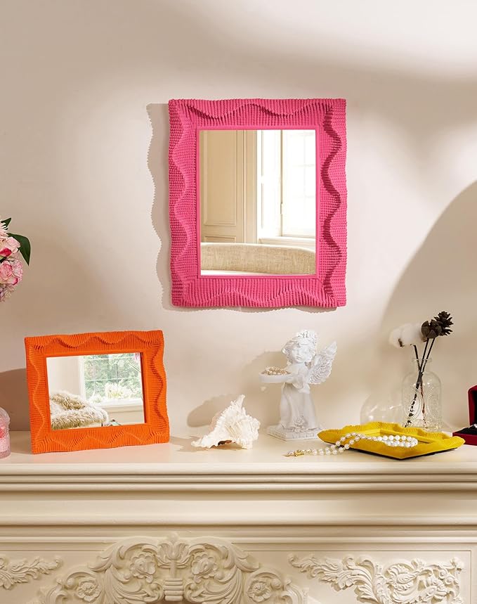 Wavy Wall Mirror, Modern Aesthetic Room Decor for Bedroom Bathroom Entryway, 7.5x5.7 Funky Irregular Frame Vanity Mirror for Girls Teens College Students Back to School Gift (Rose Pink)