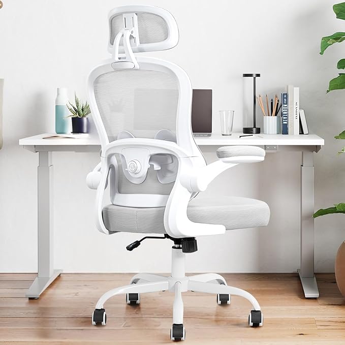 Ergonomic Office Chair,Ultra Thick Office Desk Chair with Adjustable Lumbar Support and Headrest,Spring Cushion,Rocking Function,Flip-up arms,Mesh Computer Chair for Home Office,Grey