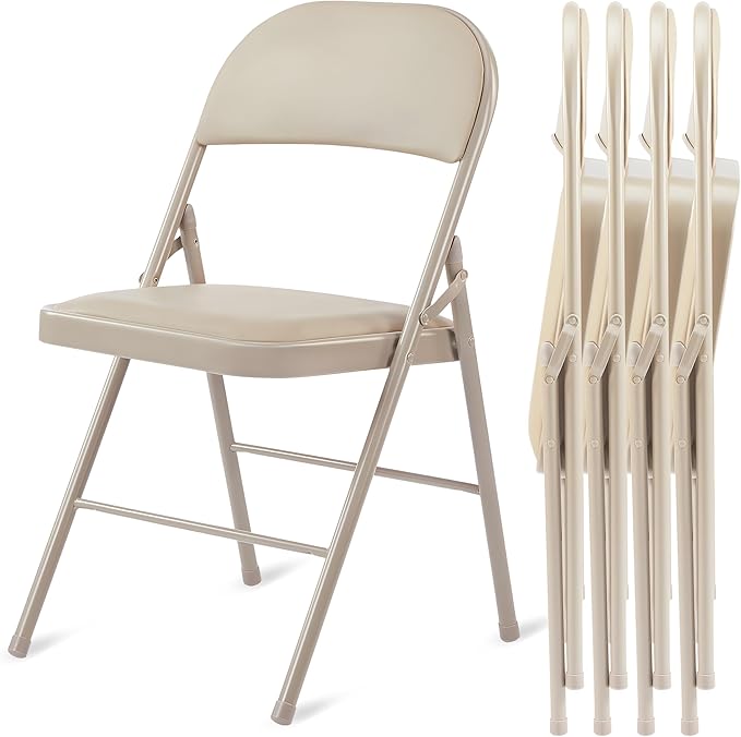 HealSmart 4 Pack Folding Chairs with Leather Padded Cushion Seats & Durable Metal Frame, Comfortable, Foldable, Portable, Commercial Event Seat, Indoor Outdoor for Home, Parties, Office, Kahki